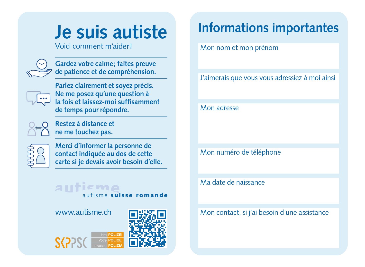 Carte d’information « Je suis autiste »